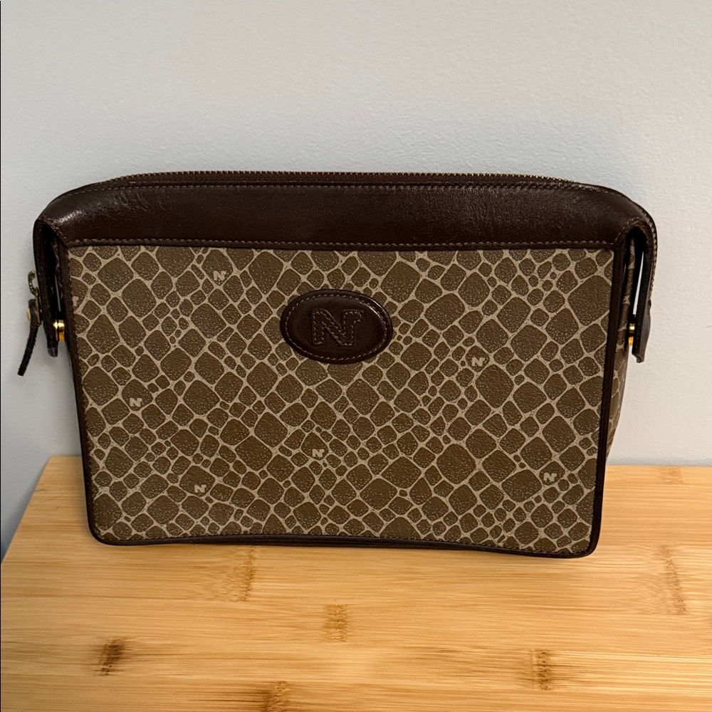 Nina Ricci NR Vintage Brown Coated Canvas & Leather Trimmed Clutch  Cosmetic Bag